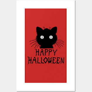 Cute Black Halloween Cat with Whiskers Happy Halloween Posters and Art